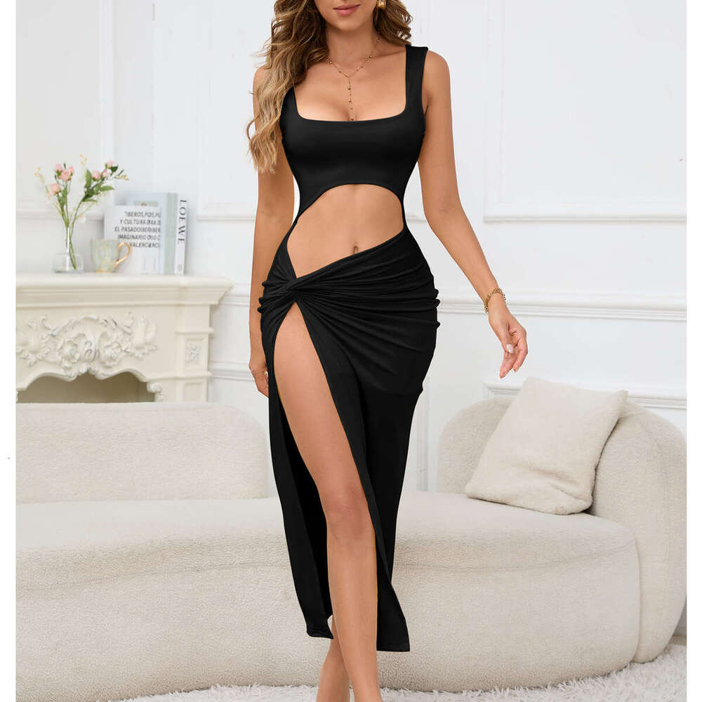 Women's Long New Style Spaghetti Strap Solid Color Hollow Out Sexy Dress B5