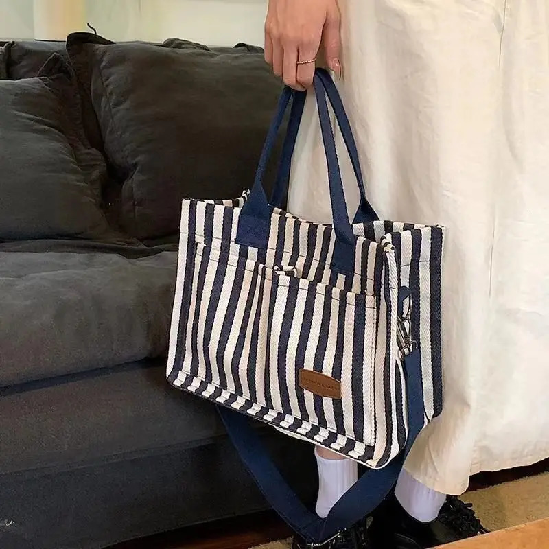 Ladies handbags largecapacity singleshoulder bags striped canvas commuting and travel shopping 250725