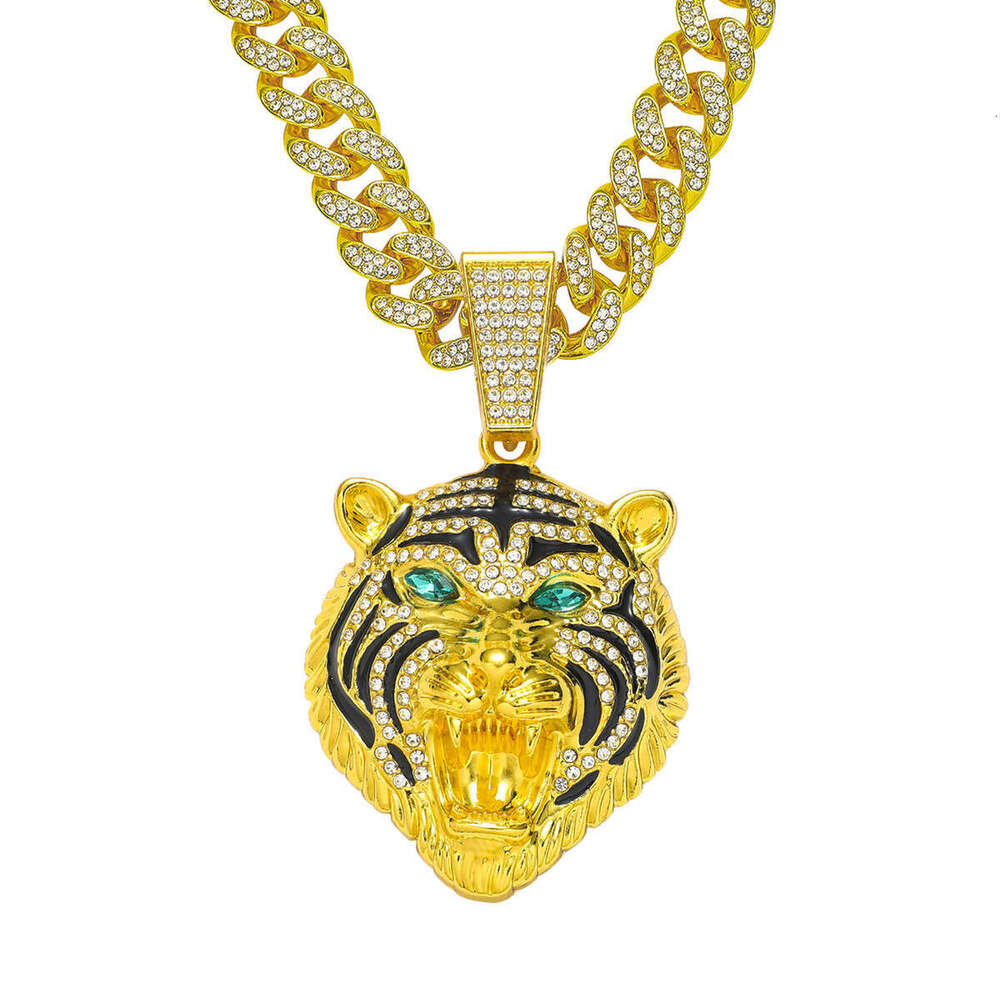 Full Dia Multi-color Tiger Head Pendant Creative Alloy Cuban Chain Hip-hop Personality Domineering Necklace