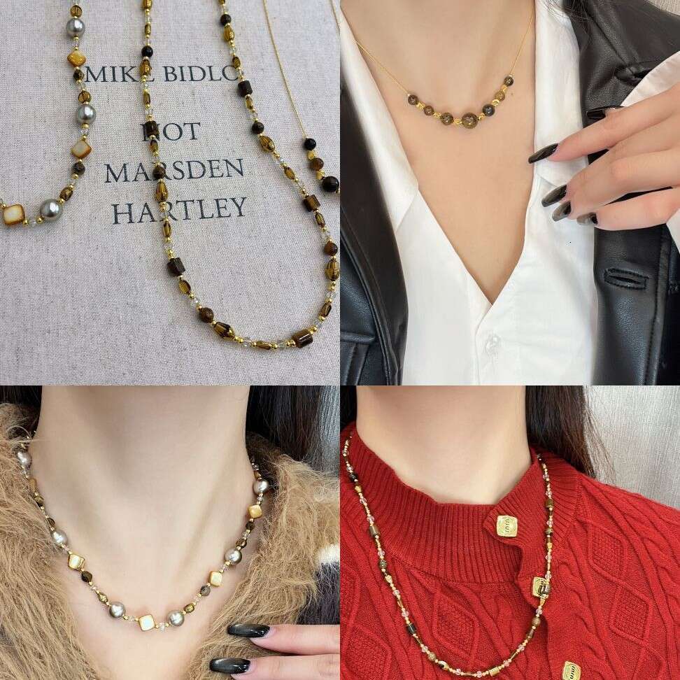 Natural Tiger Eye Stone Melad Style Autumn Winter Long Sweater Chain for Women High-end 2024 New Light Niche Necklace 14b