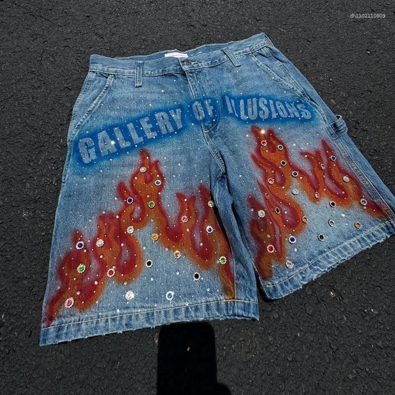 Men's Shorts Baggy Denim Harajuku Pattern Rhinestone Decoration High Waist 2000s Hip Hop Men Basketball Streetwear