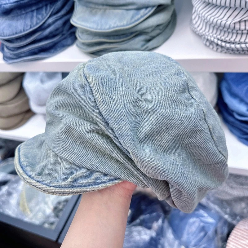 Retro Simple Big Head Short Brim Denim Berets Woman Face Small Fashion Spring Autumn Summer Octagonal Cloud Painter Hat 250729