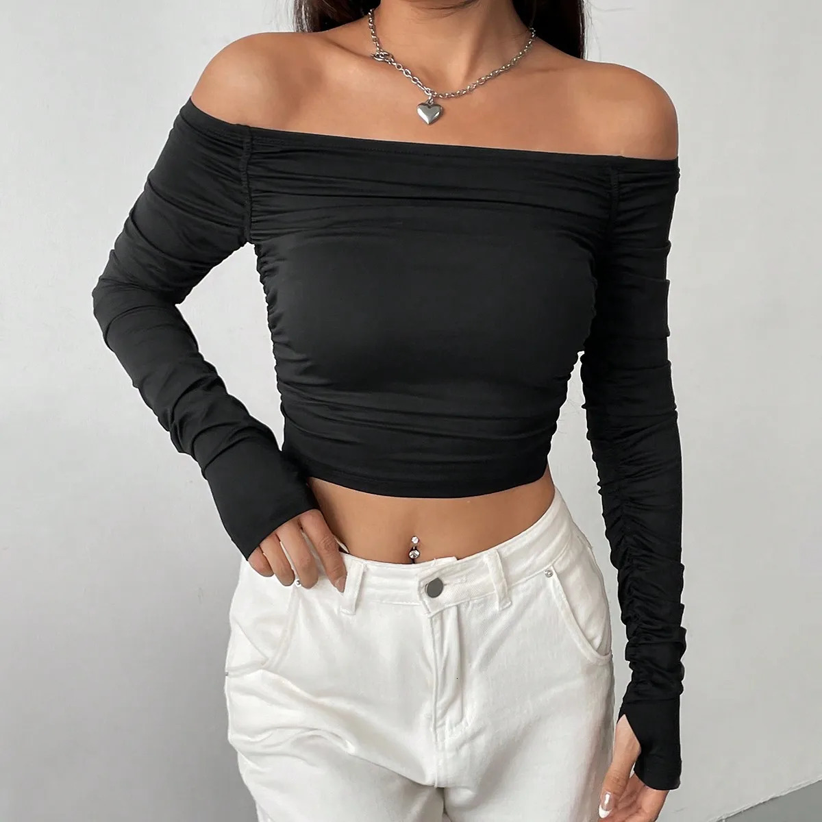 line shoulder mesh long sleeve Tshirt for women with slimfit tie sexy explosion street wear short top 250729
