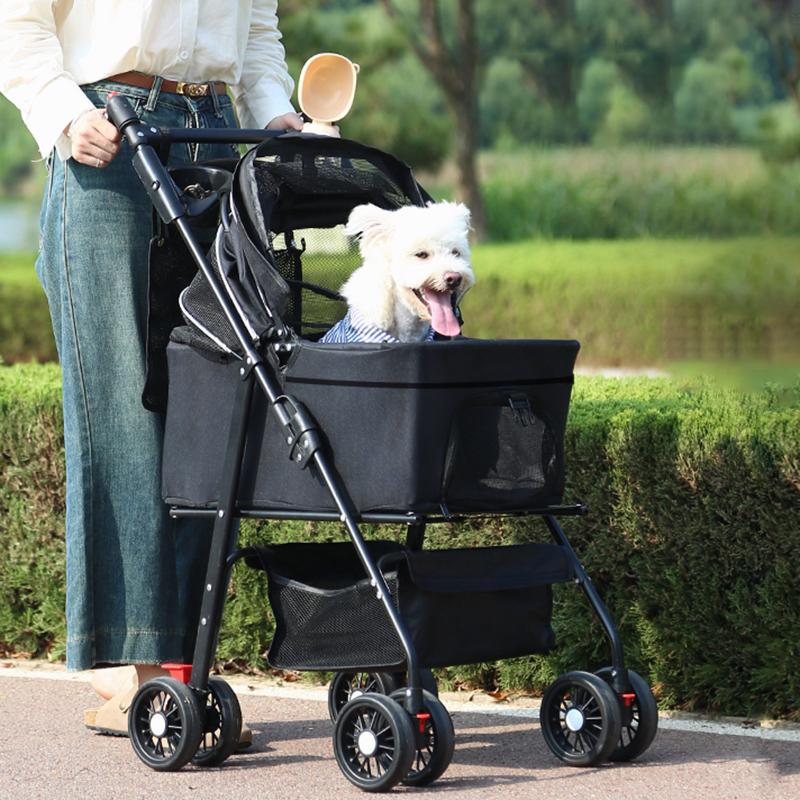 Pet stroller suitable for small and medium-sized cats and dogs, with detachable straps, easy to fold, detachable lining, storage basket+cup holder