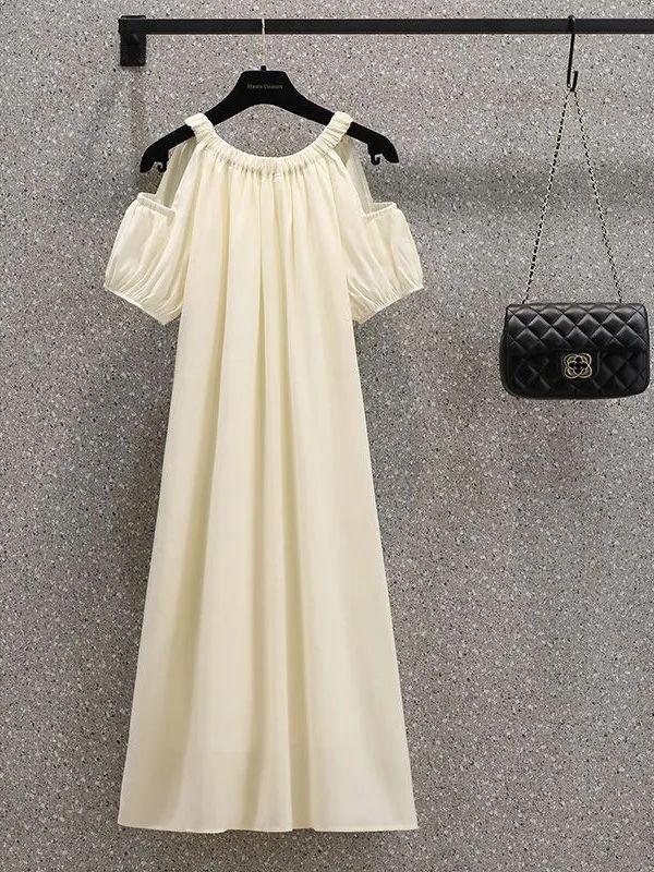 L31803 Korean loose off-the-shoulder dress with elegant style to cover belly French sweet mid-length skirt
