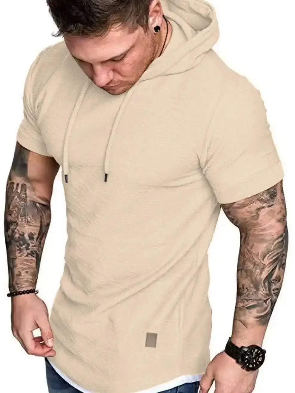 Summer Hooded Tshirt Mens Solid Color Short Sleeve Hoodie 250729
