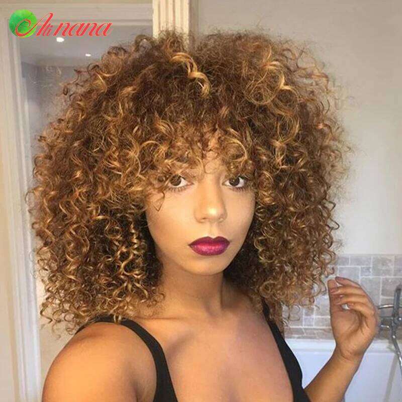 Brazilian Bouncy Scarf Ginger/Brown/ Blonde Color Full hine With Bangs Curly Style100% Human Hair Wig For Women