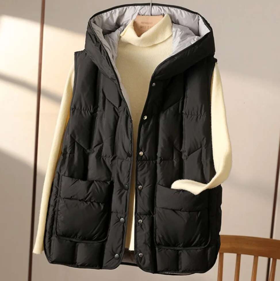 Designer Clothing 2025 Janveny 2025 New Fashion Hooded Down Sleeveless Vest Women Lightweight Seamless White Duck Feather Puffer Short Waistcoat