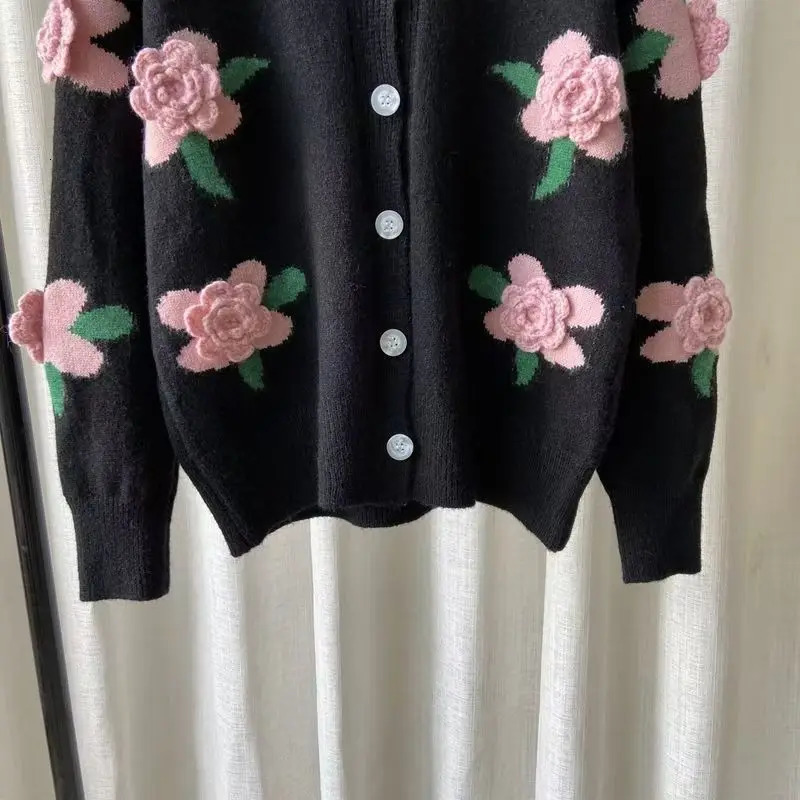 Casual Sweater Female Cardigan Women Loose Outer Coat Long Sleeve 3D Flower Round Neck Knitted 250730