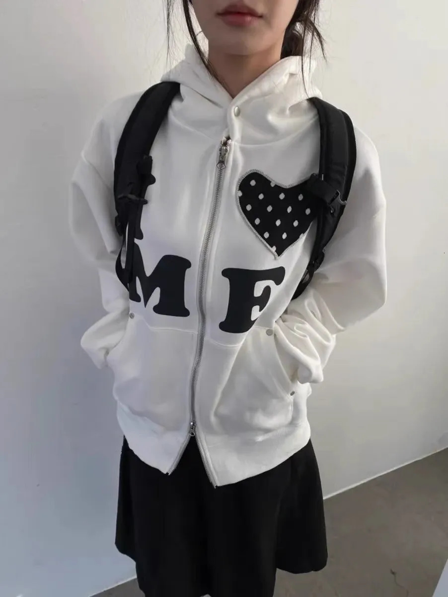 Light Colour Vintage Patch Double Zip Up Cardigan for Women Harajuku n Korean Style Letter Jacket Aesthetic Hoodies 250730