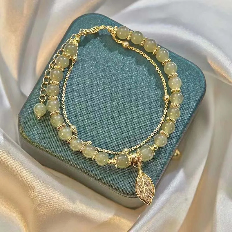 Chinese Style Green Hetian Jade Bracelet For Women Vintage Gold Color Leaves Double Layer Beaded Jewelry Gifts 250729
