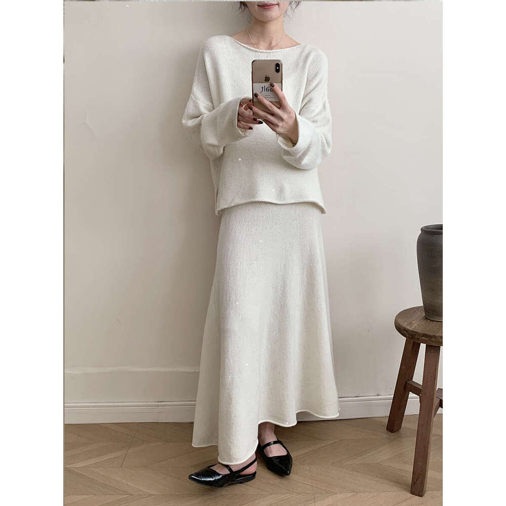 New Lazy Style Loose Top + Mermaid Skirt For Women Round Neck Knitted Sequin Set Shiny B5