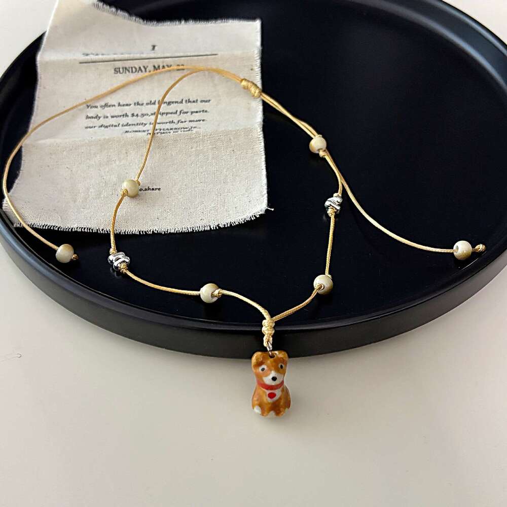 Cartoon Ins Oil Drop Cute Ceramic Puppy Butterfly Braided Rope Long Necklace for Women Unique and Adorable Pendant abc