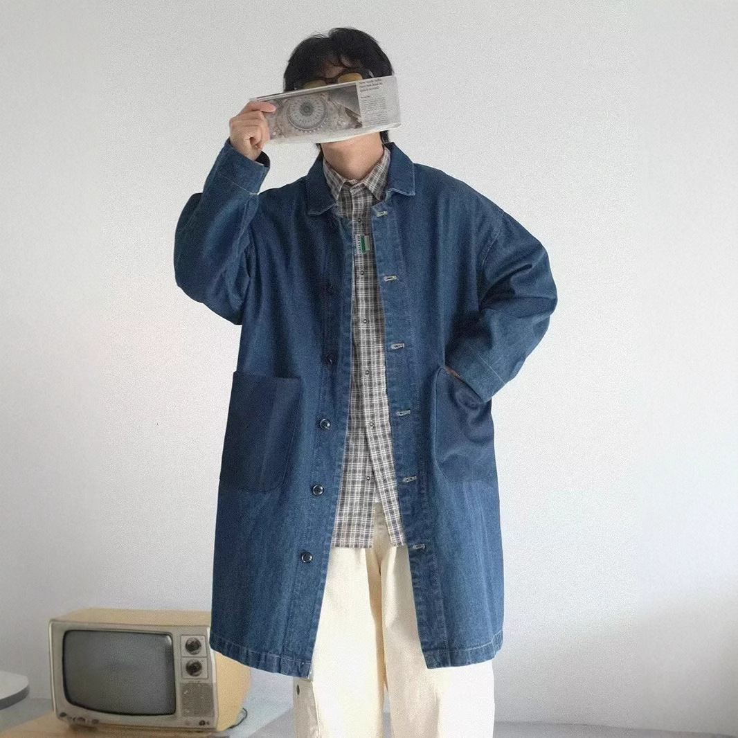 Simple Mid-Length Denim Trench Coat for Men Loose Casual Jacket Couple Outerwear Denim Coat 210524