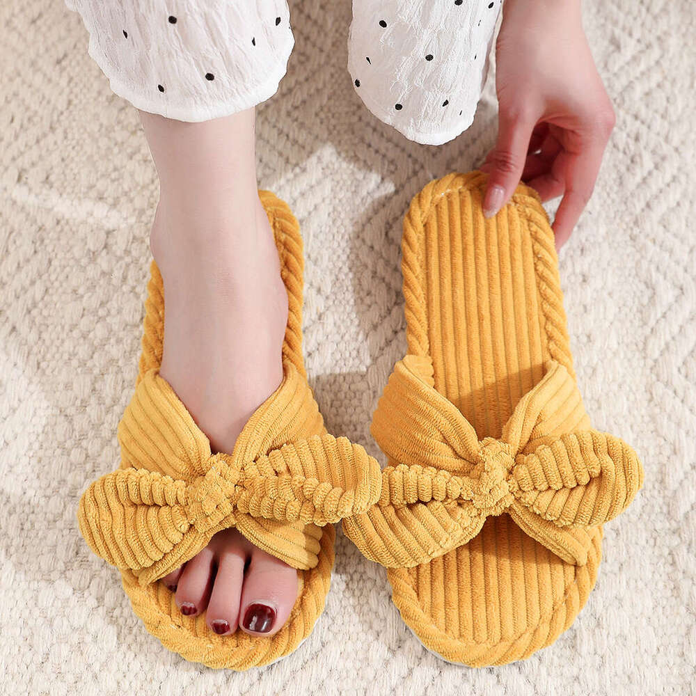 Butterfly Knot Women's Autumn Winter Indoor Outdoor Thick Sole Warm Plush Maternity Shoes One Word Open Toe Cotton Slippers