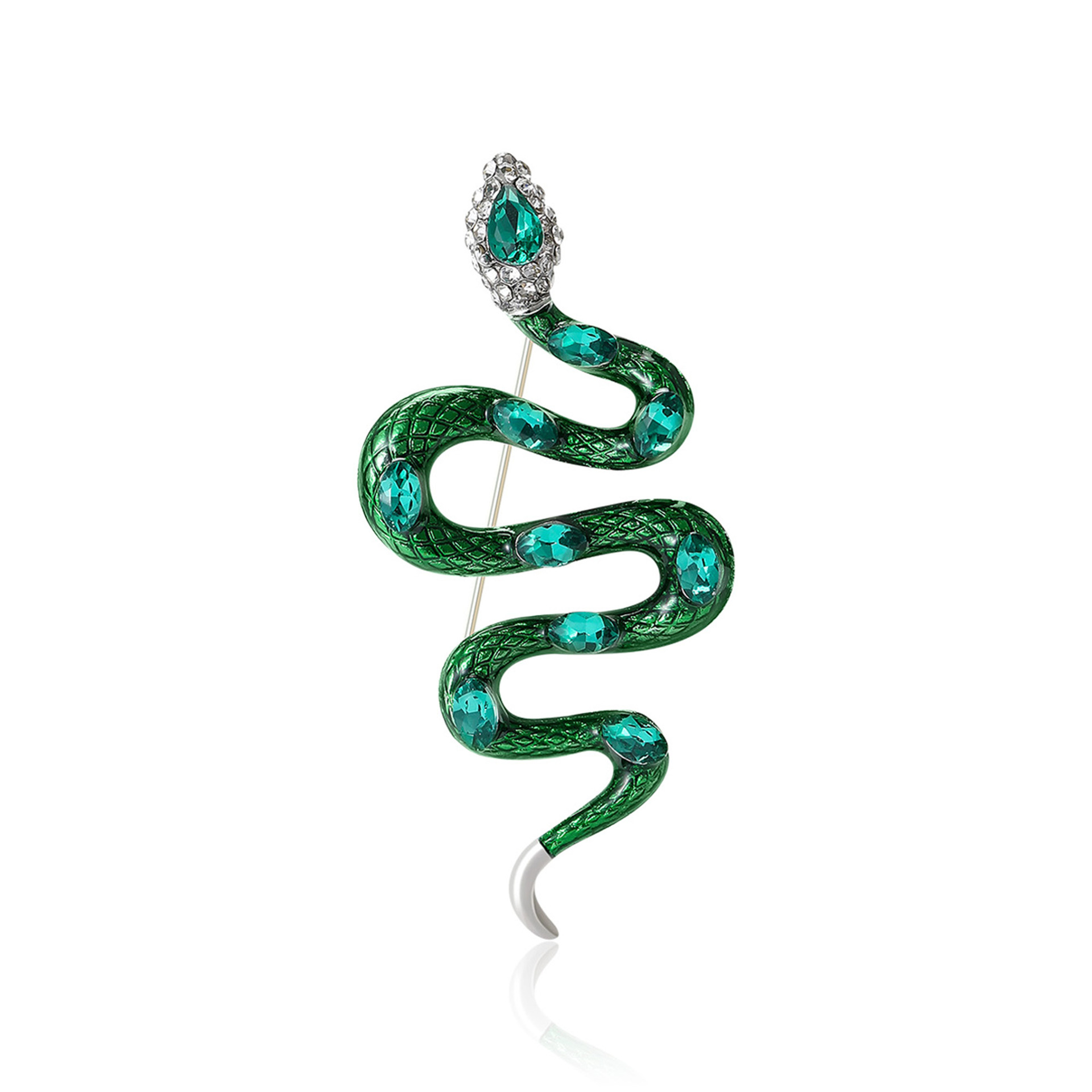 Green Enamel & Rhinestone - Embellished Snake Brooch With Teardrop - Shaped Gem Accents Bold Party Jewelry And Gift For Her High Quality And Stylish J