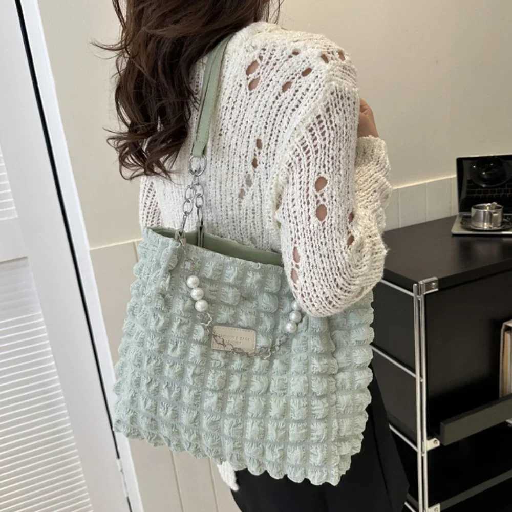 Large Capacity Ladies Tote Bag Fi Plaid Wens Beaded Chain Shoulder Bags Soft Fabric Commuter Fem Handbags Purse 2024 Y250730