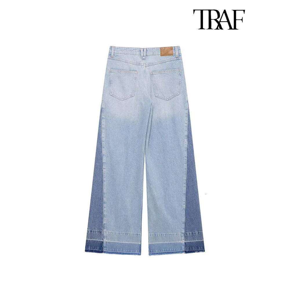 TRAF Fashion Vintage Style Contrast Color Splicing Waist Wide Leg Jeans High Street Casual Versatile Women's Pants MDNG