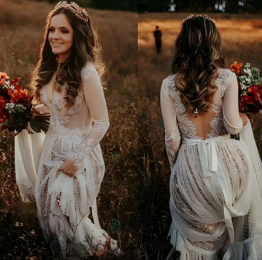 Bridal Dresses See Through A-line Backless Long Sleeve Bohemian Country Wedding Dresses Lace Tulle Beach