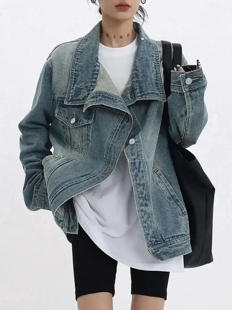 SHENGPALAE Fashion Womens Denim Coat Turtleneck Single Breasted Full Sleeve Patchwork Versatile Jacke Autumn 5R4436 250730
