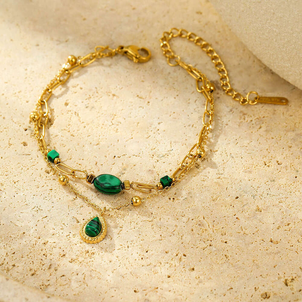 Stainless Steel Fashion Versatile Natural Stone Pendant Layered Bracelet for Women