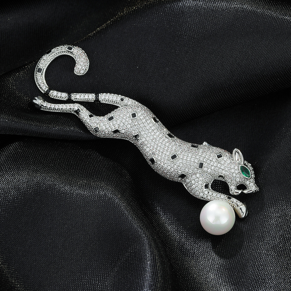 Silver Tone Rhinestone - Encrusted Leopard Brooch With Black Accents, Green Gemstone Eyes And Pearl In Mouth Bold Party Jewelry And Gift For Him/Her H