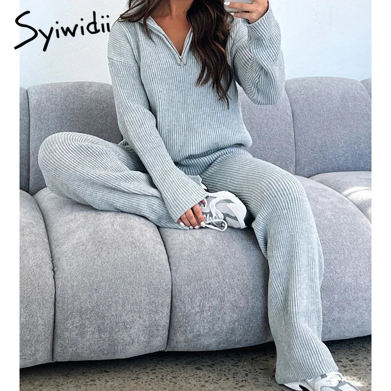 Syiwidii Autumn Winter Elegant 2 Piece Sets for Women Zipper Long Sleeve Sweaters Straight Pants Fashion Casual Knitted Suit 250730