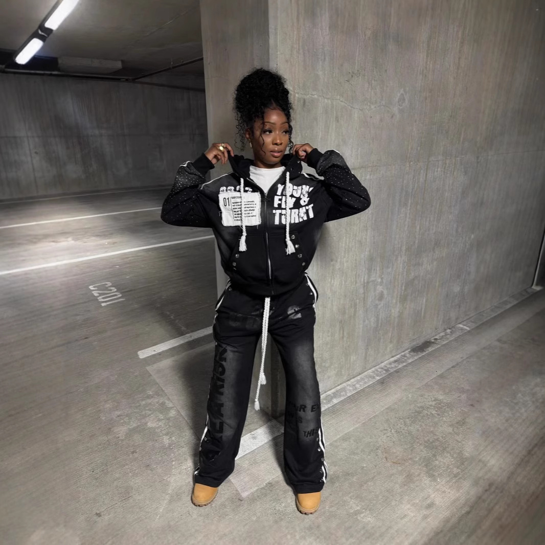 Hooded Sweatshirt Set Fashion Casual Long Pants Printed Hip Hop Rock Unisex Sweatshirt Jacket