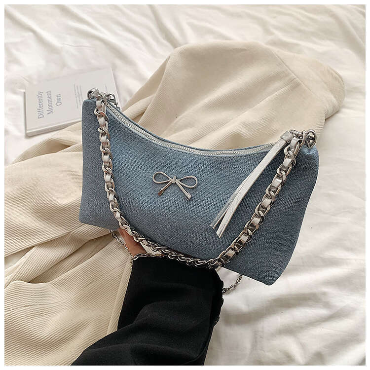 Elegant Bowknot Underarm New Denim Blue Chain Women's Niche Design Single Shoulder Crossbody Bag
