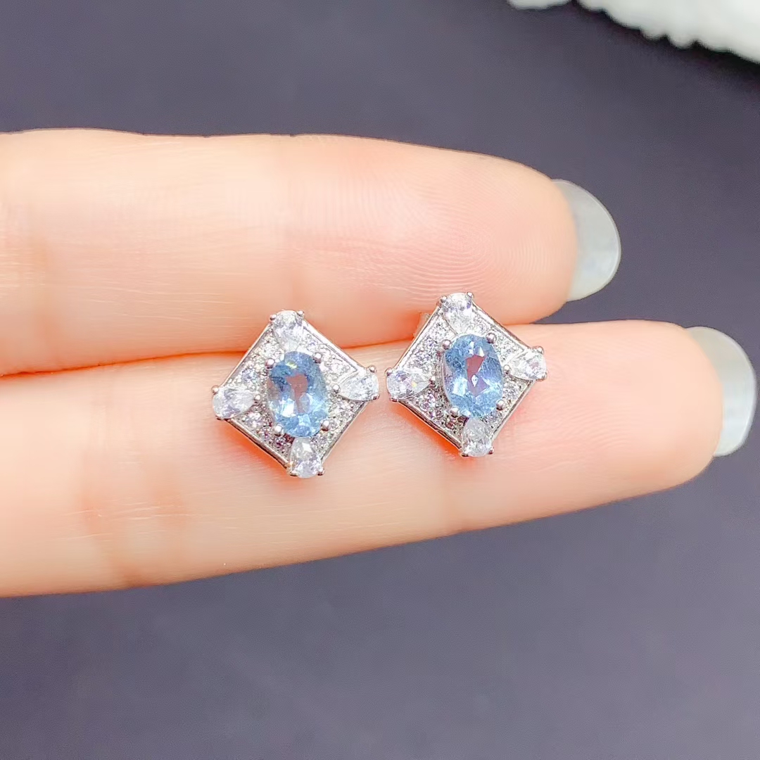 Natural Aquamarine Stud Earrings 4mm*6mm Light Blue Aquamarine Earrings allergy free 18K gold plated silver jewelry