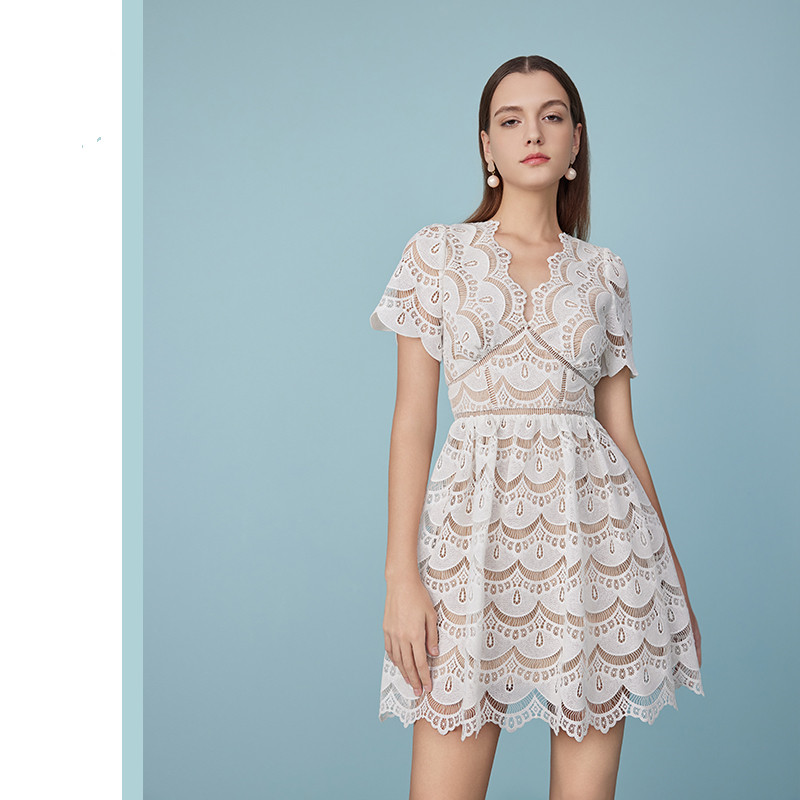 Women's Elegant White Lace Mini Skirt High Waist V-neck French Style White Water-soluble Lace Dress 6116451