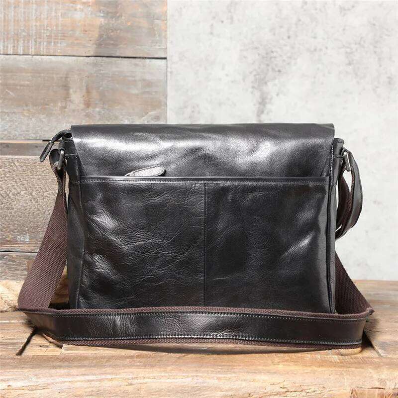 Casual natural genuine leather men's messenger daily travel work real cowhide black tablets A4 document shoulder bag