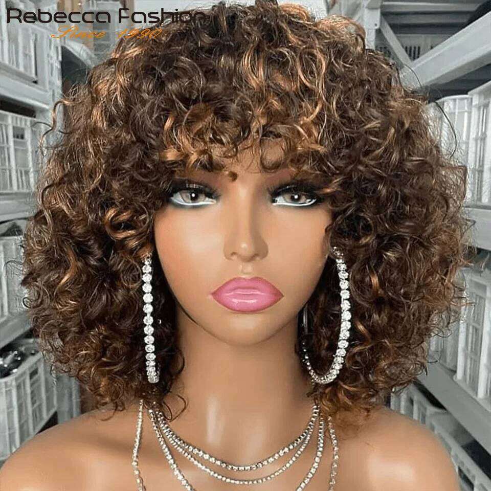 Short Pixie Bob Cut Human Hair With Bangs Jerry Curly Full hine Wig Highlight Honey Blonde Colored Wigs For Women