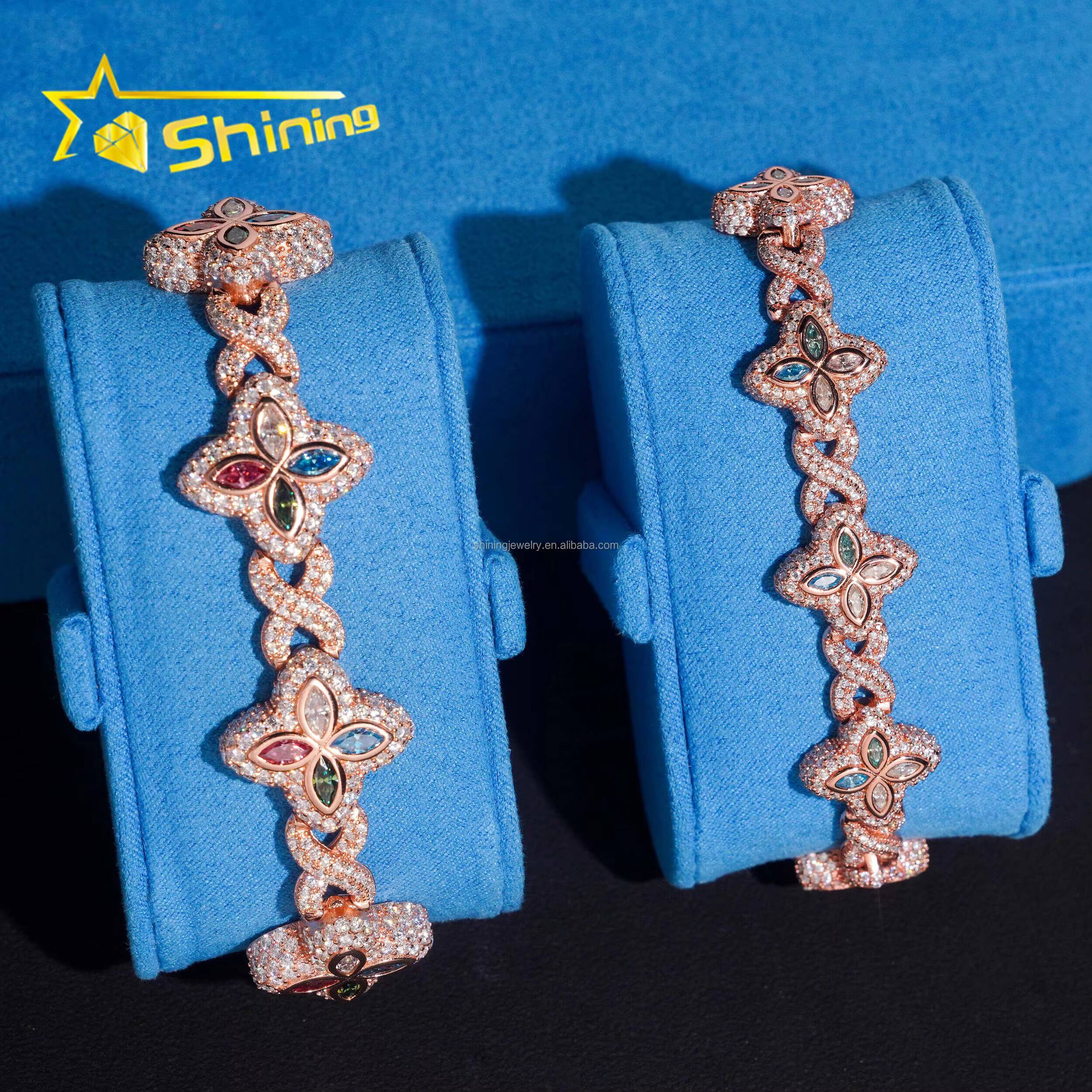 Unique Design Rapper Luxury Jewelry Hot Selling Hip Hop Mulit Color Moissanite Iced Out S925 Silver Cuban Clover Bracelet Men