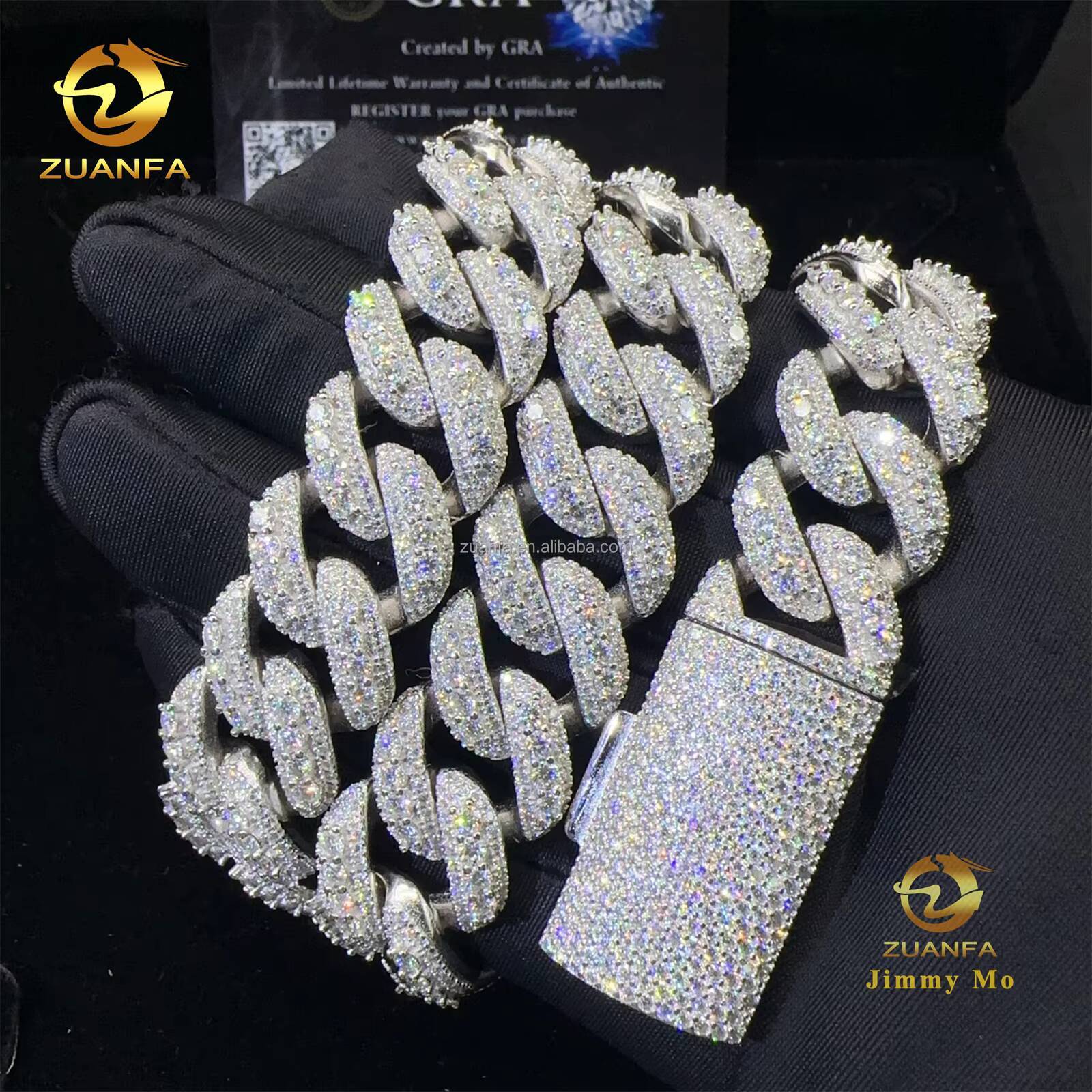 Fashion Luxury Rapper Jewelry 925 Solid Silver 18mm Moon Shape Iced Out Hip Hop VVS Moissanite Diamond Miami Cuban Link Chain