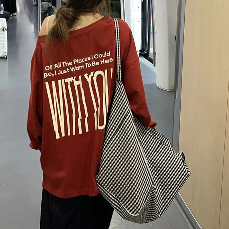 Women Clothing Trendy Sexy Off Shoulder Letter Print Basic T-shirt Y2K Harajuku Oversized Streetwear Tees Long Sleeve Tunic Tops 250725