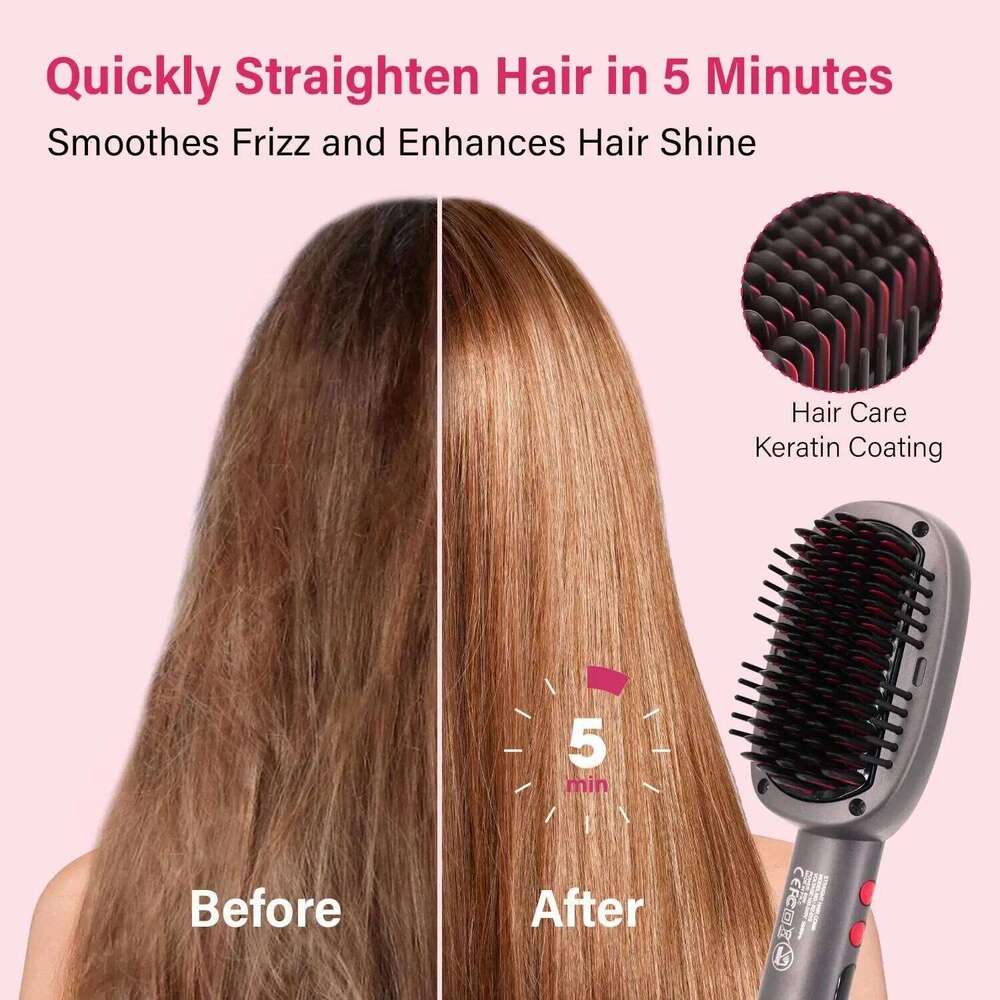 Straightener With Keratin Ceramic Coating, Negative Ion Straightening Brush, Dual Voltage Hot-air Hair Brush - Black