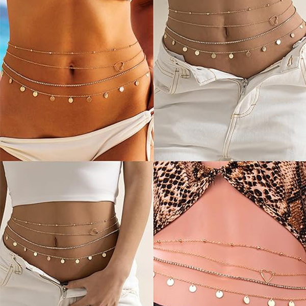 8Pcs Waist Belly Chain 18K Gold Plated CZ Heart Pearl Snake Bead Sequin Paperclip Belly Chain Summer Beach Sexy Body Chains Jewelry Accessories for Wo