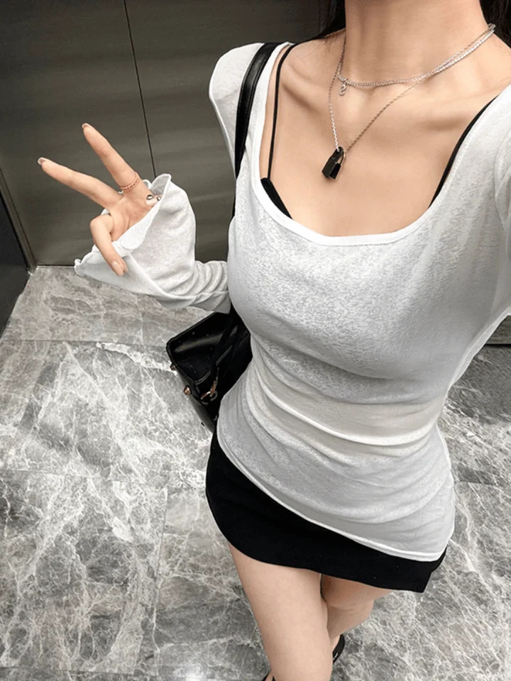 Mesh Sheer Irregular TShirt for Women Long Sleeve SeeThrough Korean Pullover Tops Sexy Autumn Girls Top Tee Shirt Casual 250729