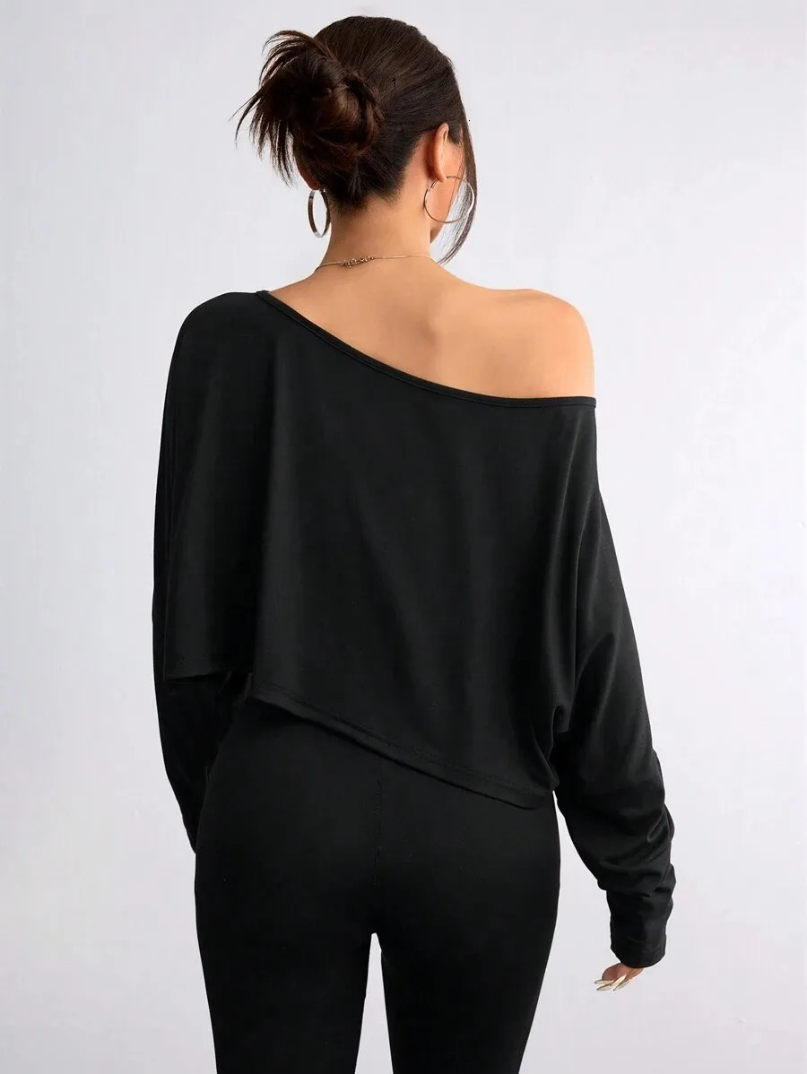 Womens Black Long Sleeve Blouse Tshirt Casual Asymmetrical Neck Strapless Top for Sporty 250729