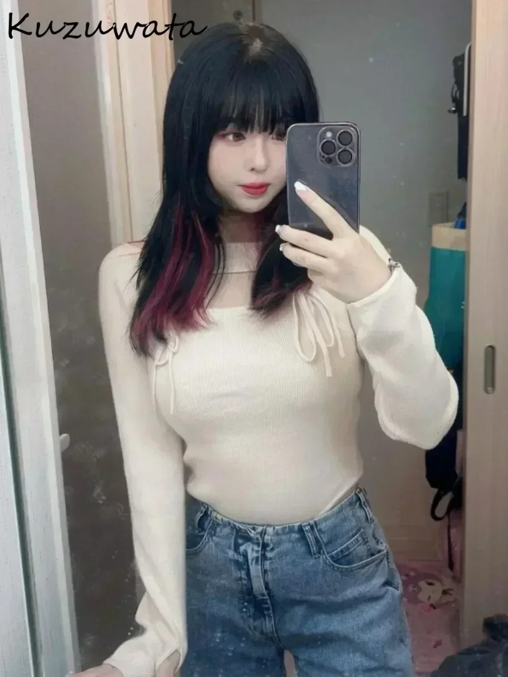 Kuzuwata Literary All-match Slash Neck Off Shoulder Jumper Sexy Bow Hollow Out Pure Desire Wind Pullover Japan Lace Up Fresh Top 250723