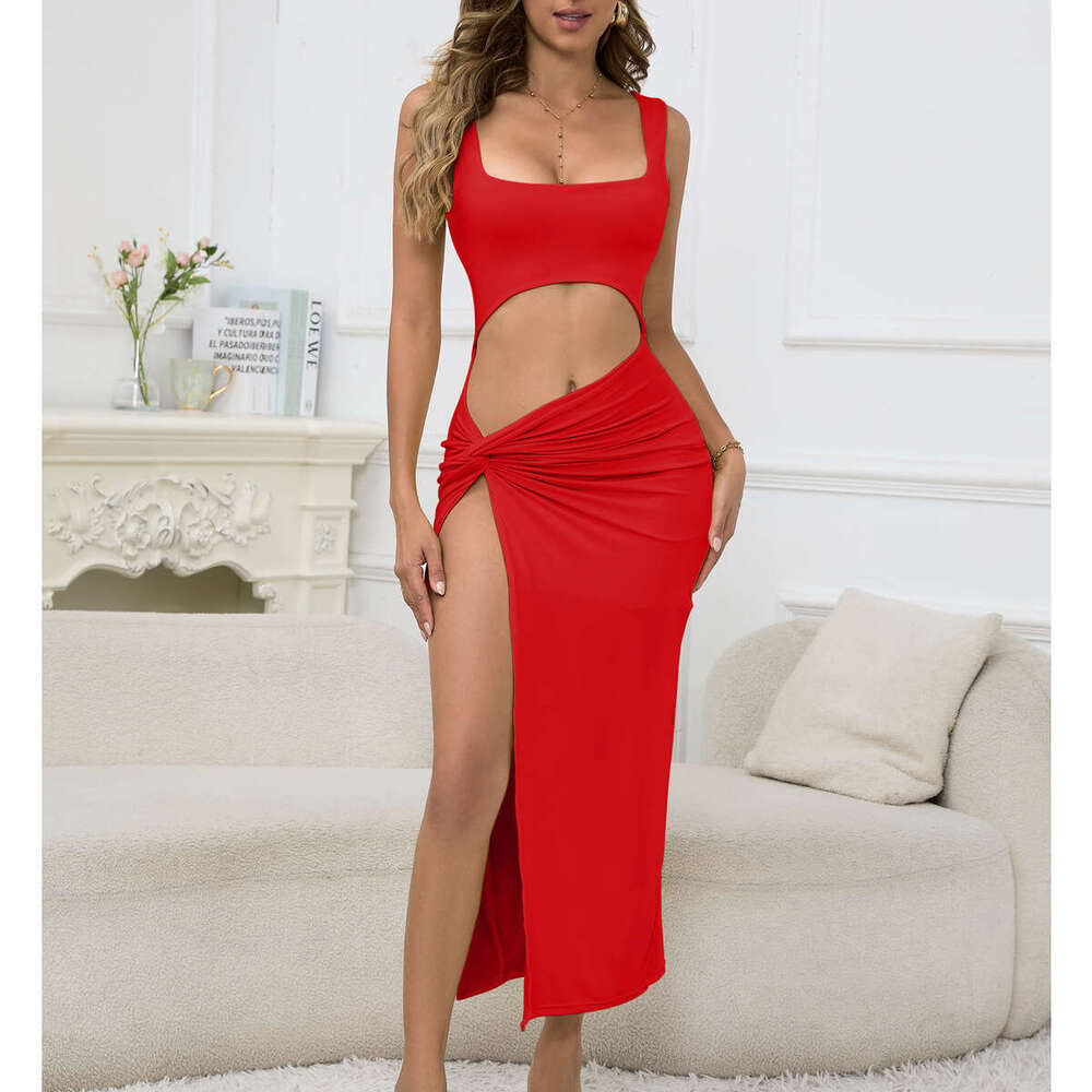 Women's Long New Style Spaghetti Strap Solid Color Hollow Out Sexy Dress B5