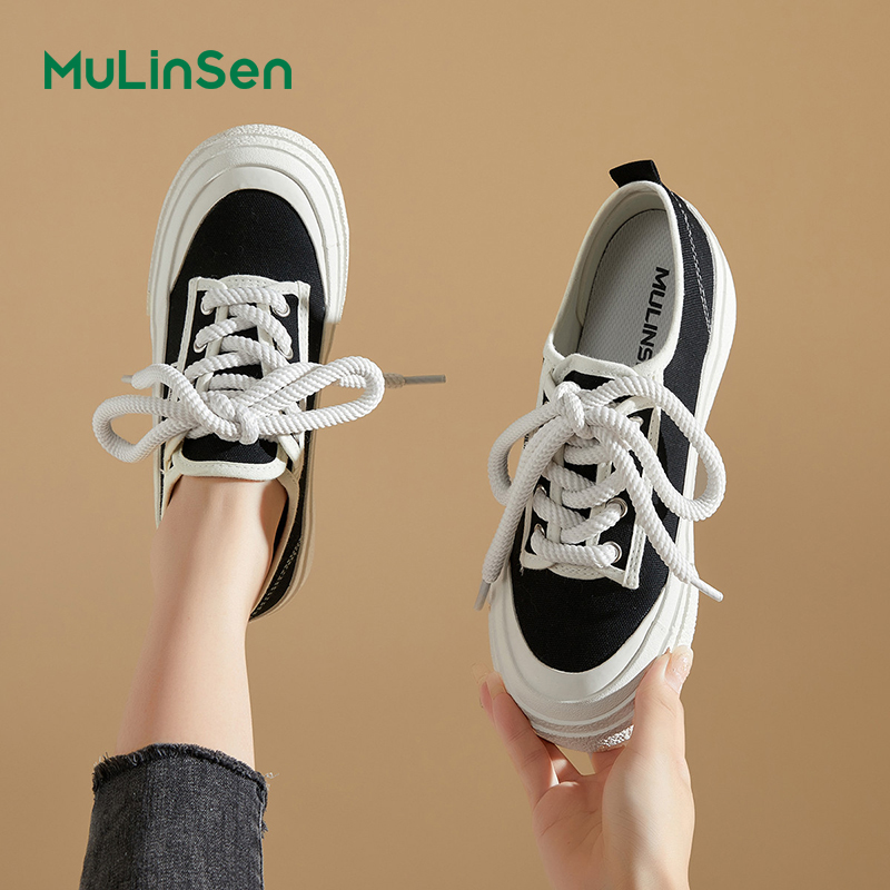 Mulinsen canvas shoes women's 2025 new spring and summer thick-soled black sneakers breathable sports casual big-toed shoes