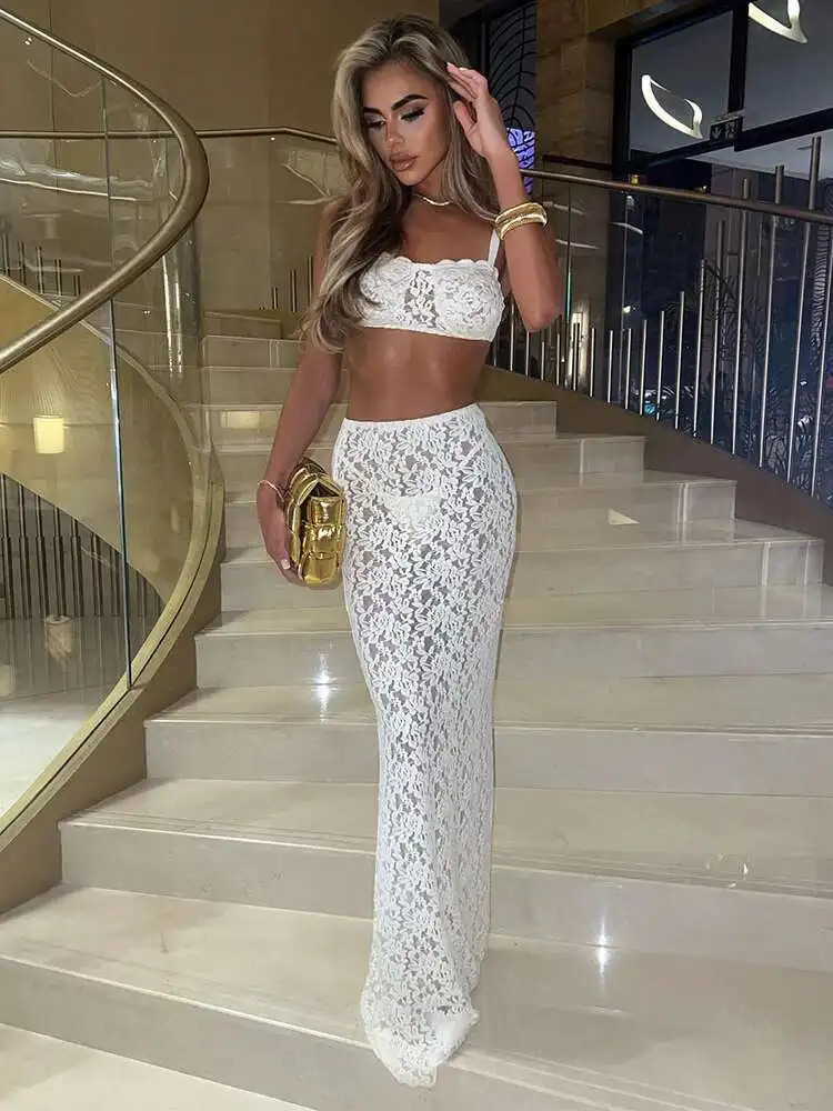 Avrilyaan Lace Perspective Sexy Party Two Piece Set Strapless Crop Top And Midi Skirts 2 Piece Set Women Summer Outfits 250725