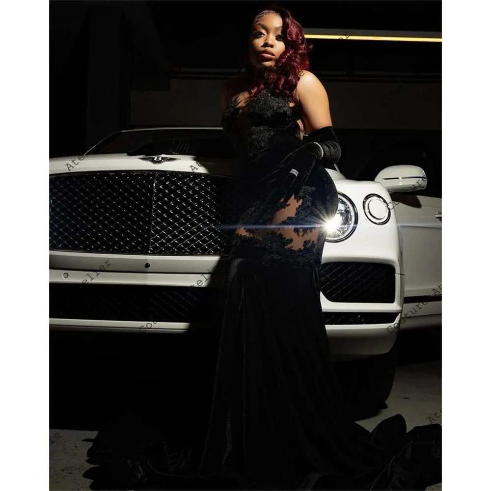 Black Velvet Embroidered Lace Appliques Ball Gown with Mermaid Birthday Gloves Stylish Party Dress or Custom Neck prom