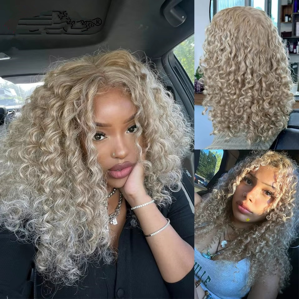 Deep Wave ash Blonde Glueless Wigs 100% Human Hair Pre Cut Highlight Wear and Go Curly Wigs for Women Ombre HD Lace Front Wig