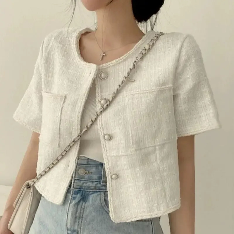 Chik Koren Style Womens Cardigan Jacket French Nichetweed Pearl Button Round Neck Coarse Tweed Short Sleeves Spring Summer 250729