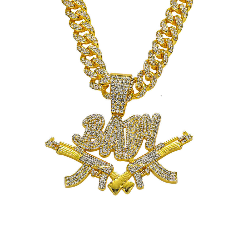 Full Dia Double Gun Letter Pendant Fashion Creative Hip Hop Personality Alloy Cuban Chain Jewelry Necklace Direct
