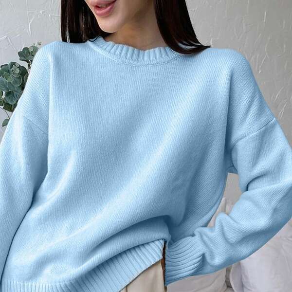 Autumn Winter New Round Neck Sweater For Women, Khaki Versatile Loose Knitted Top B5 h6