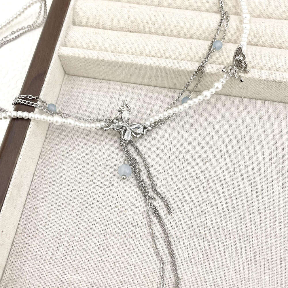 New Zircon Butterfly Pearl Tassel Blue Bead Necklace Light Niche Exquisite Simple High-end Versatile Collarbone Chain 942